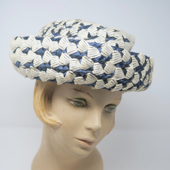 vtg MR JOHN Classic Blue White Raffia Woven Upturn Brim Mod Derby Church Hat EUC main image 7